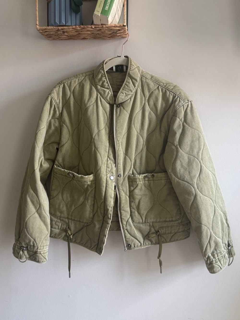 Joie Olive Quilted Cropped Bomber Jacket